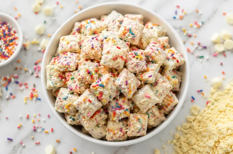 Easy Cake Batter Puppy Chow with White Chocolate & Sprinkles Recipe